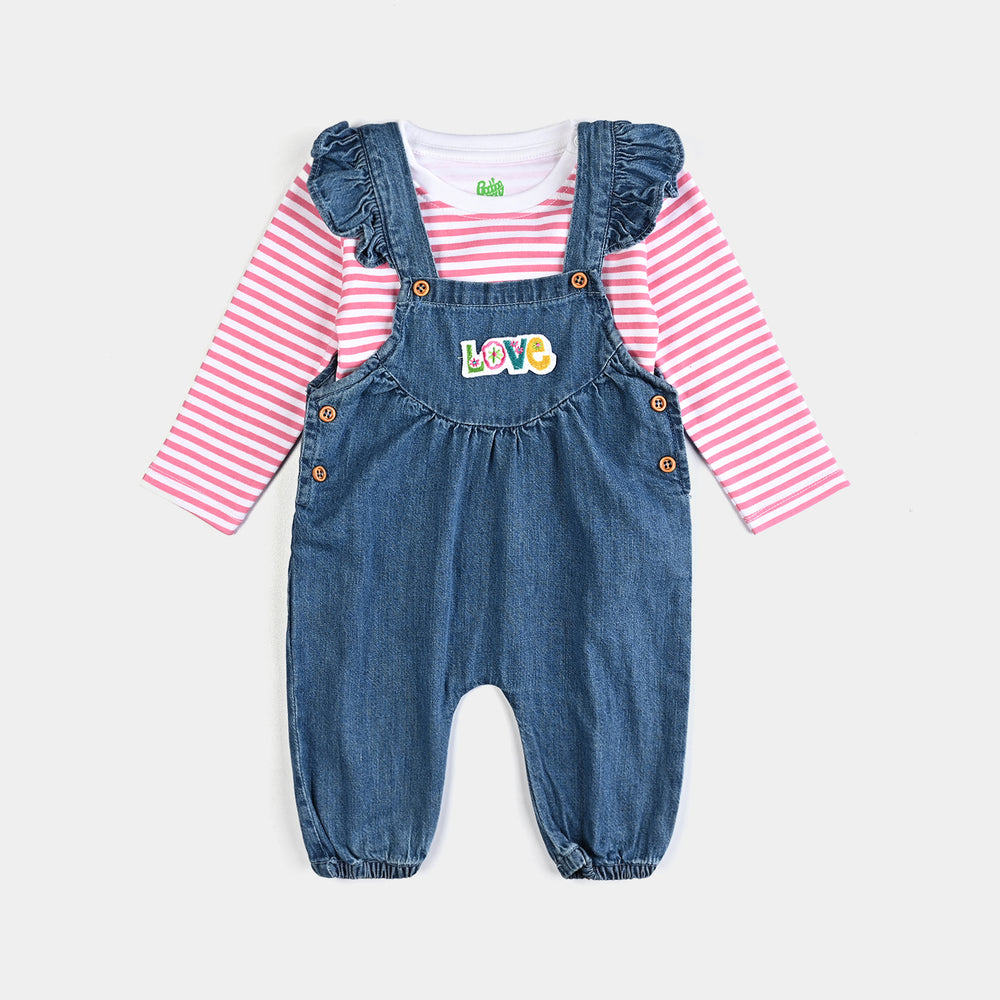 Infant Girls Tensile Denim (Light Denim) Dangri Suit Love-Blue