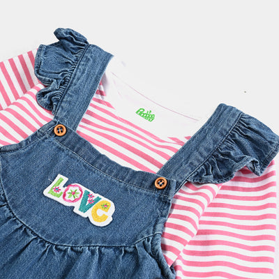 Infant Girls Tensile Denim (Light Denim) Dangri Suit Love-Blue