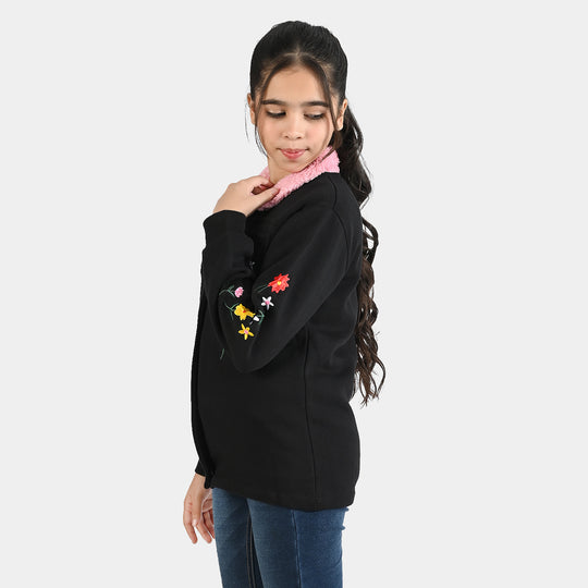 Girls Fleece Knitted Jacket Flowers-Jet.Black