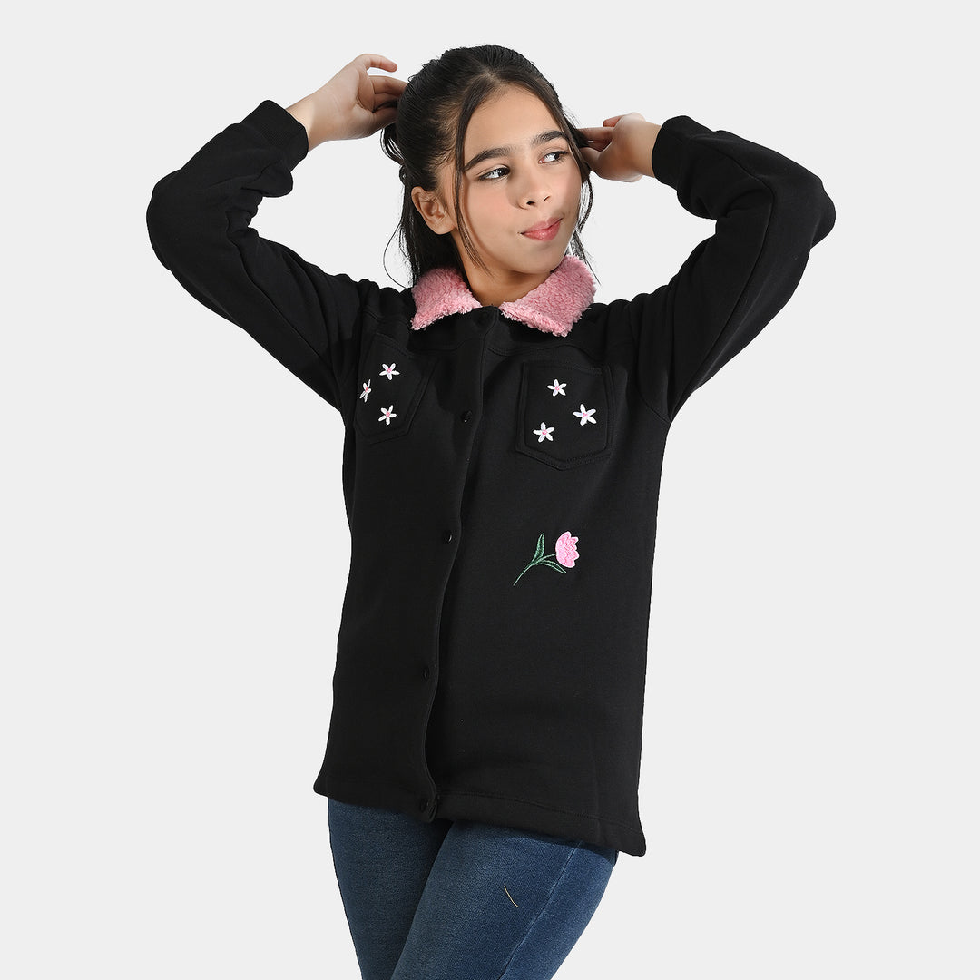 Girls Fleece Knitted Jacket Flowers-Jet.Black