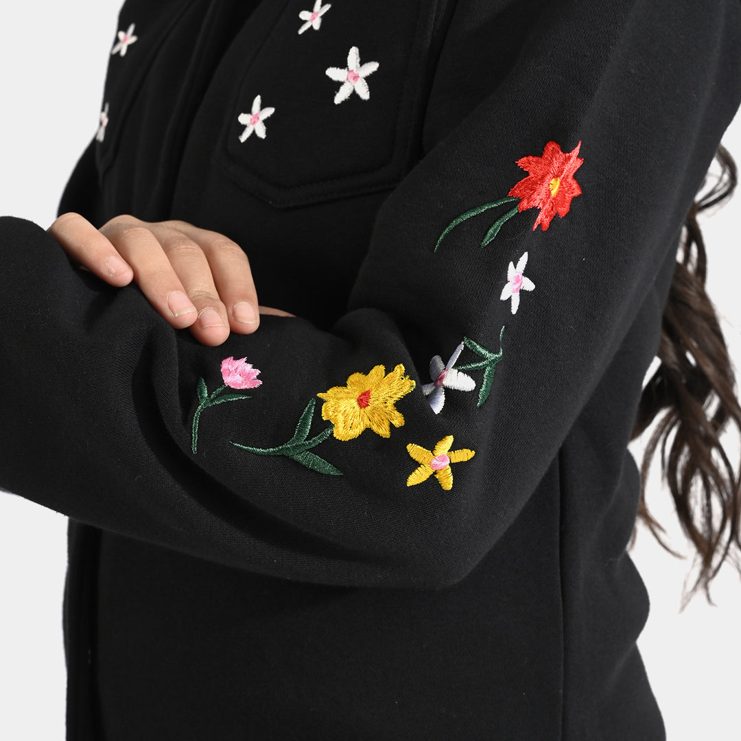 Girls Fleece Knitted Jacket Flowers-Jet.Black