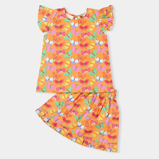 Girls Cotton Poplin 2PC Suit Butterfly-ORANGE