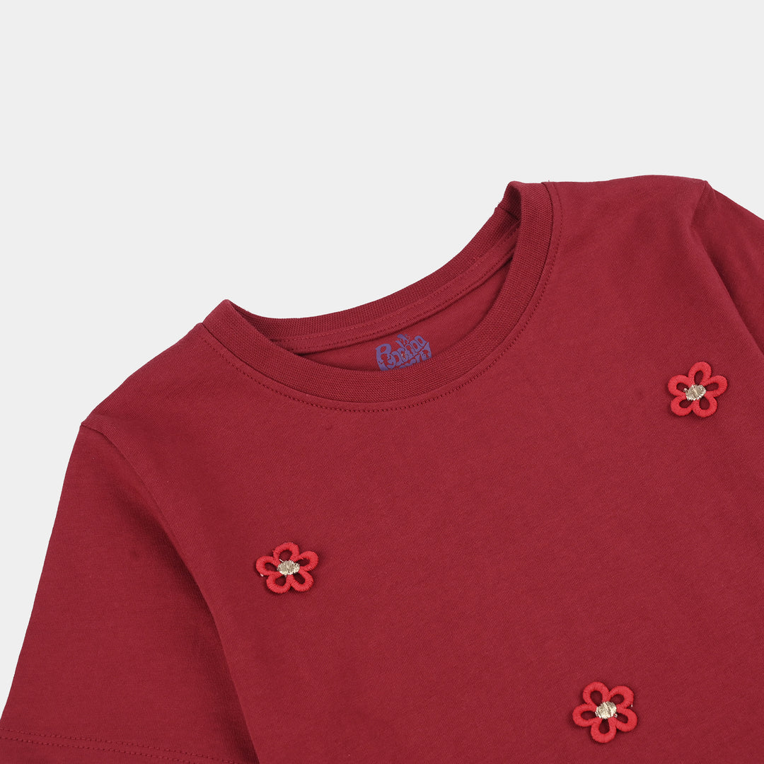 Girls Cotton Jersey T-Shirt (Flowers) - Red