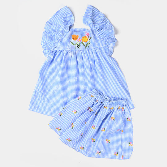 Girls Poly Cotton Seer Sucker Flower EMB 2 PC Suit-LT.Blue