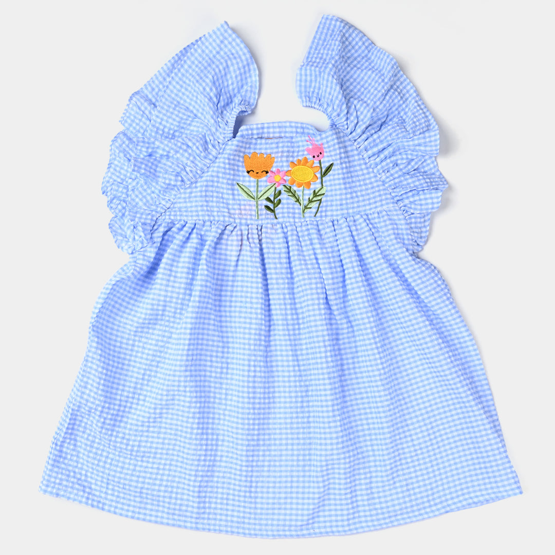 Girls Poly Cotton Seer Sucker Flower EMB 2 PC Suit-LT.Blue