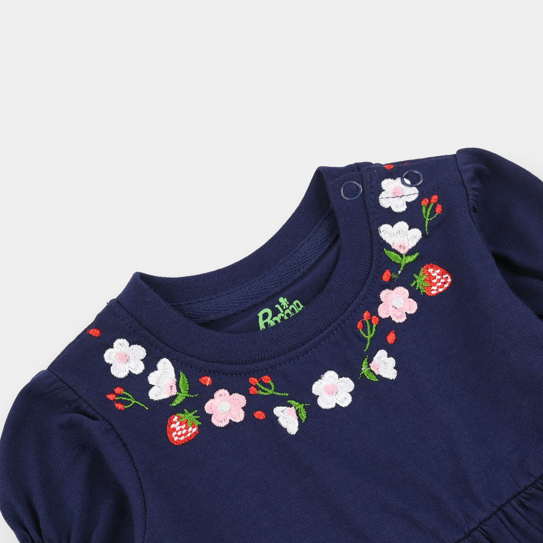 Infant Girls Jersey/Terry Knitted Frock (Flowers & Strawberry) - Navy Blue