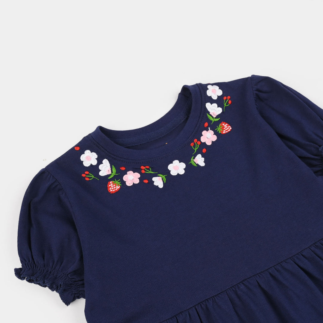 Girls Jersey/Terry Knitted Frock (Flowers & Strawberry) - Navy Blue
