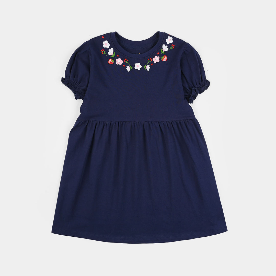 Girls Jersey/Terry Knitted Frock (Flowers & Strawberry) - Navy Blue