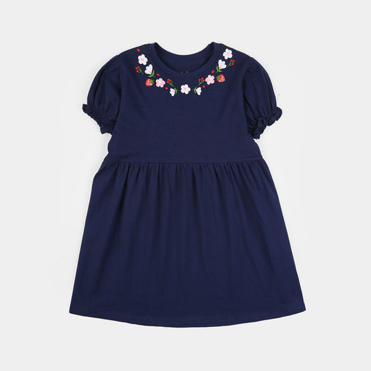 Girls Jersey/Terry Knitted Frock (Flowers & Strawberry) - Navy Blue