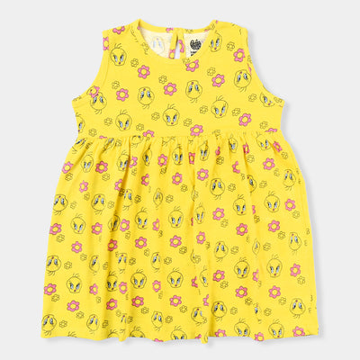 Girls Cotton Terry Knitted Frock -Yellow