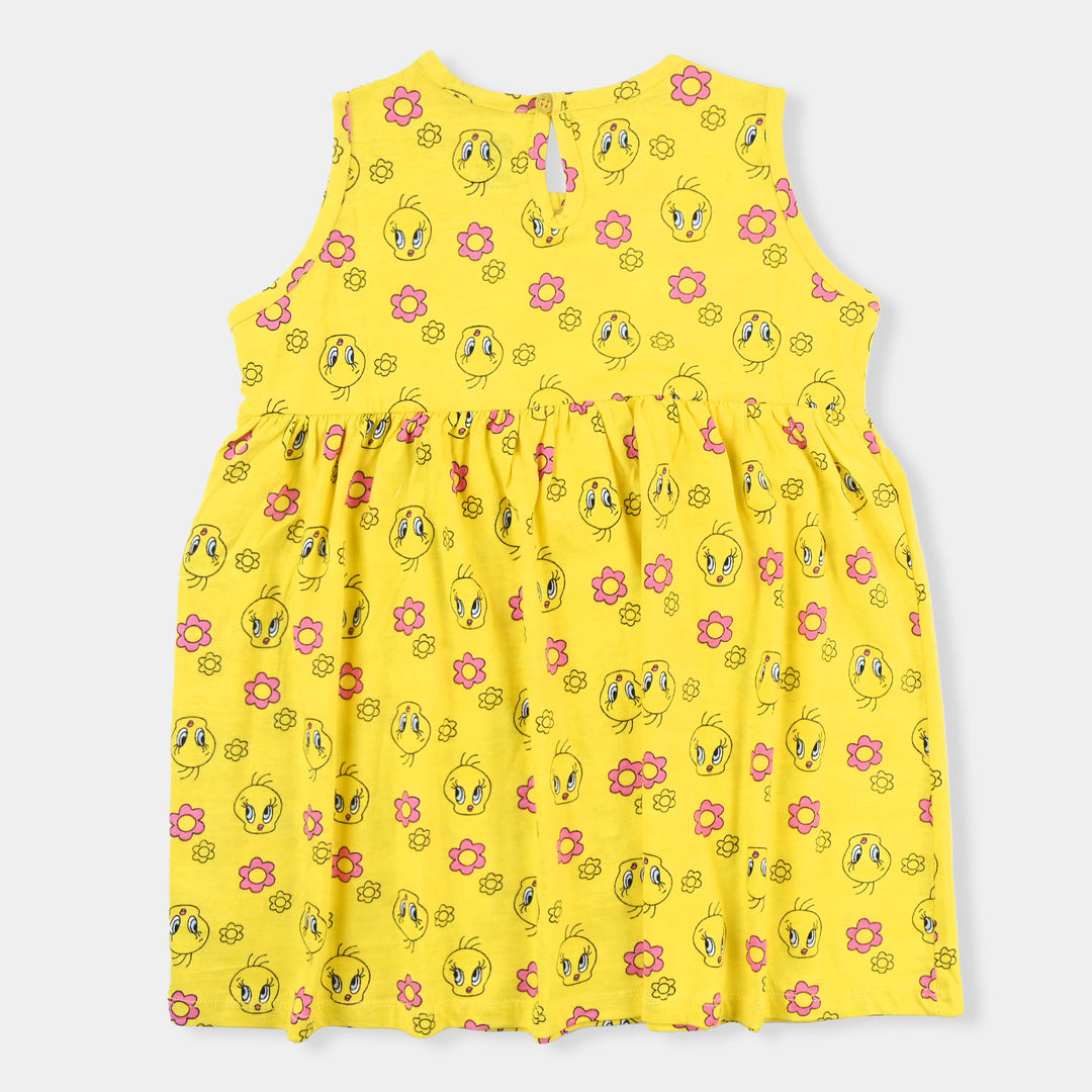 Girls Cotton Terry Knitted Frock -Yellow