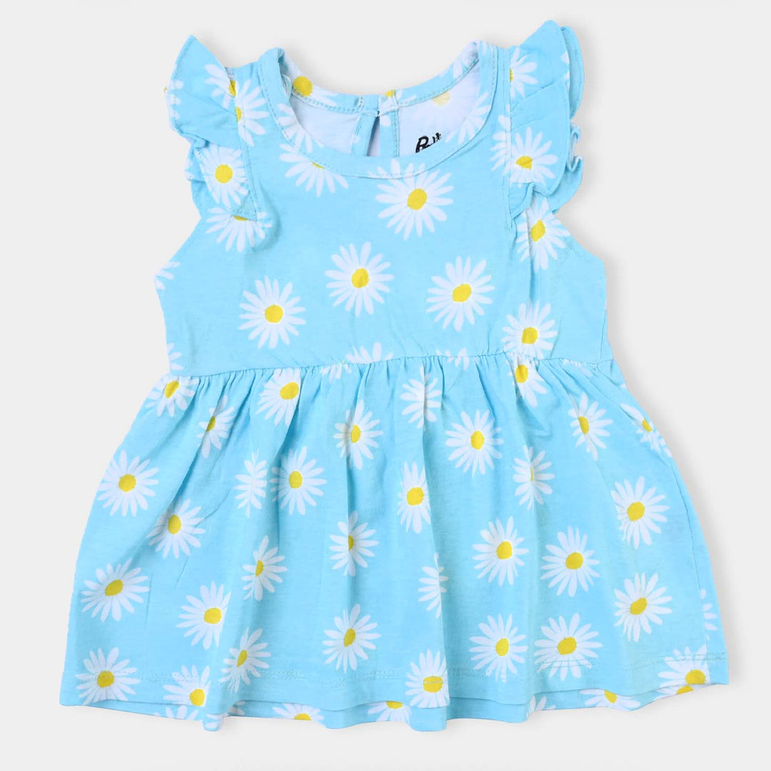 Infant Girls Cotton Terry Knitted Frock Flowers-Blue