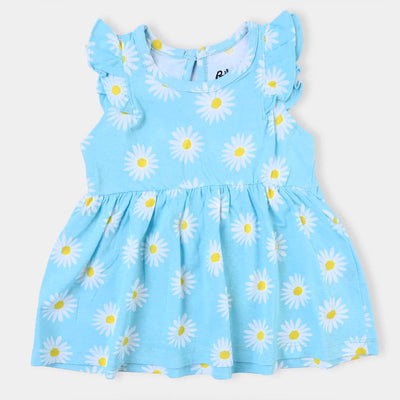 Infant Girls Cotton Terry Knitted Frock Flowers-Blue