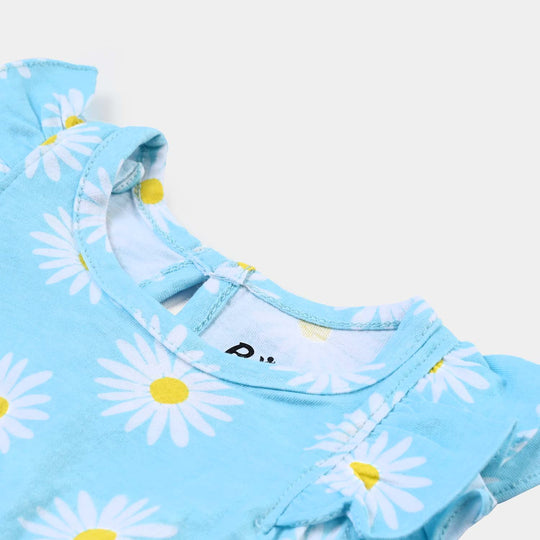 Infant Girls Cotton Terry Knitted Frock Flowers-Blue