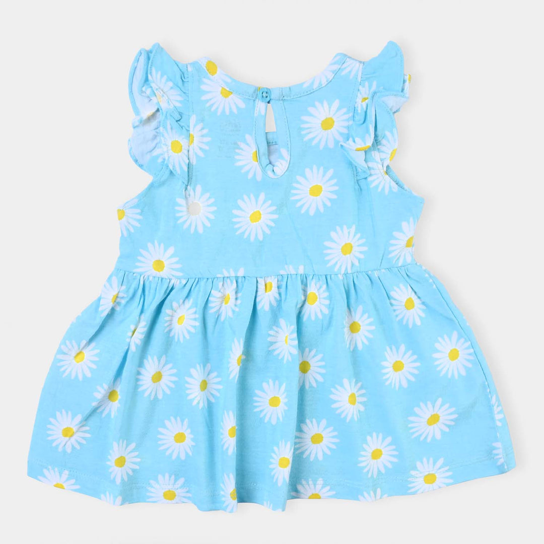 Infant Girls Cotton Terry Knitted Frock Flowers-Blue