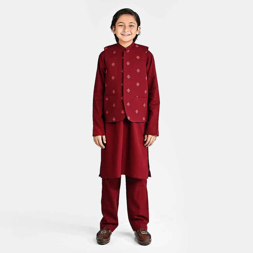 Boys Cotton Slub 3 Piece Suit (Tone On Tone)-MAROON