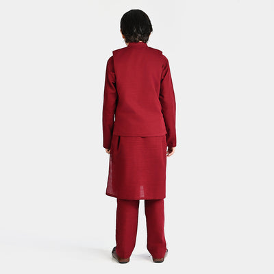 Boys Cotton Slub 3 Piece Suit (Tone On Tone)-MAROON