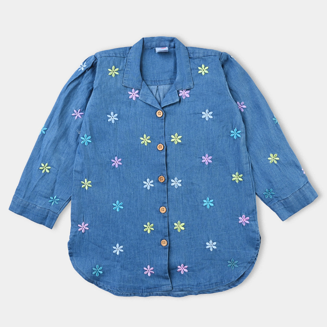 Girls Light Denim Top Floral Shirt-Mid Blue