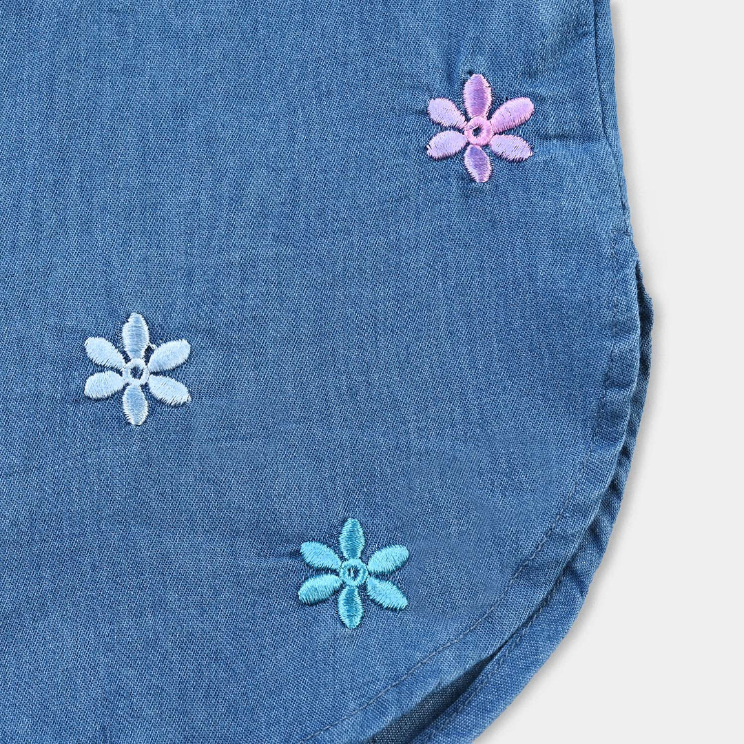 Girls Light Denim Top Floral Shirt-Mid Blue