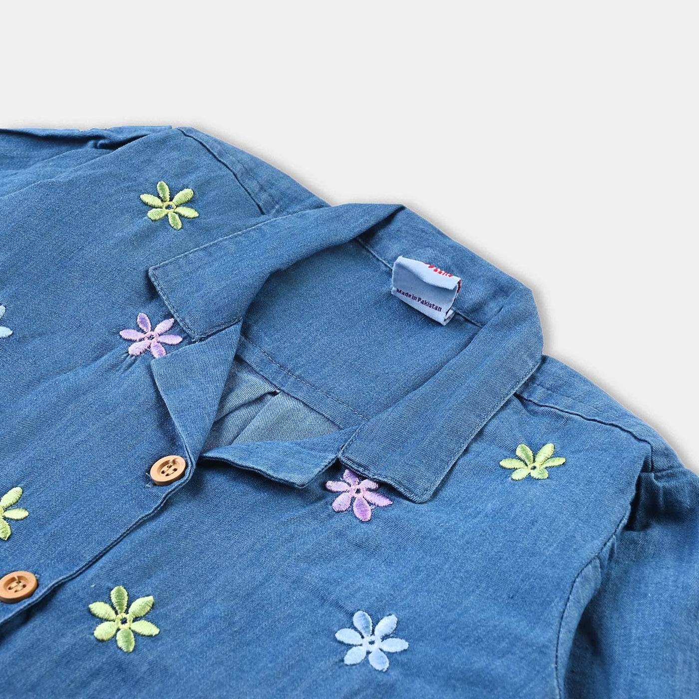 Girls Light Denim Top Floral Shirt-Mid Blue