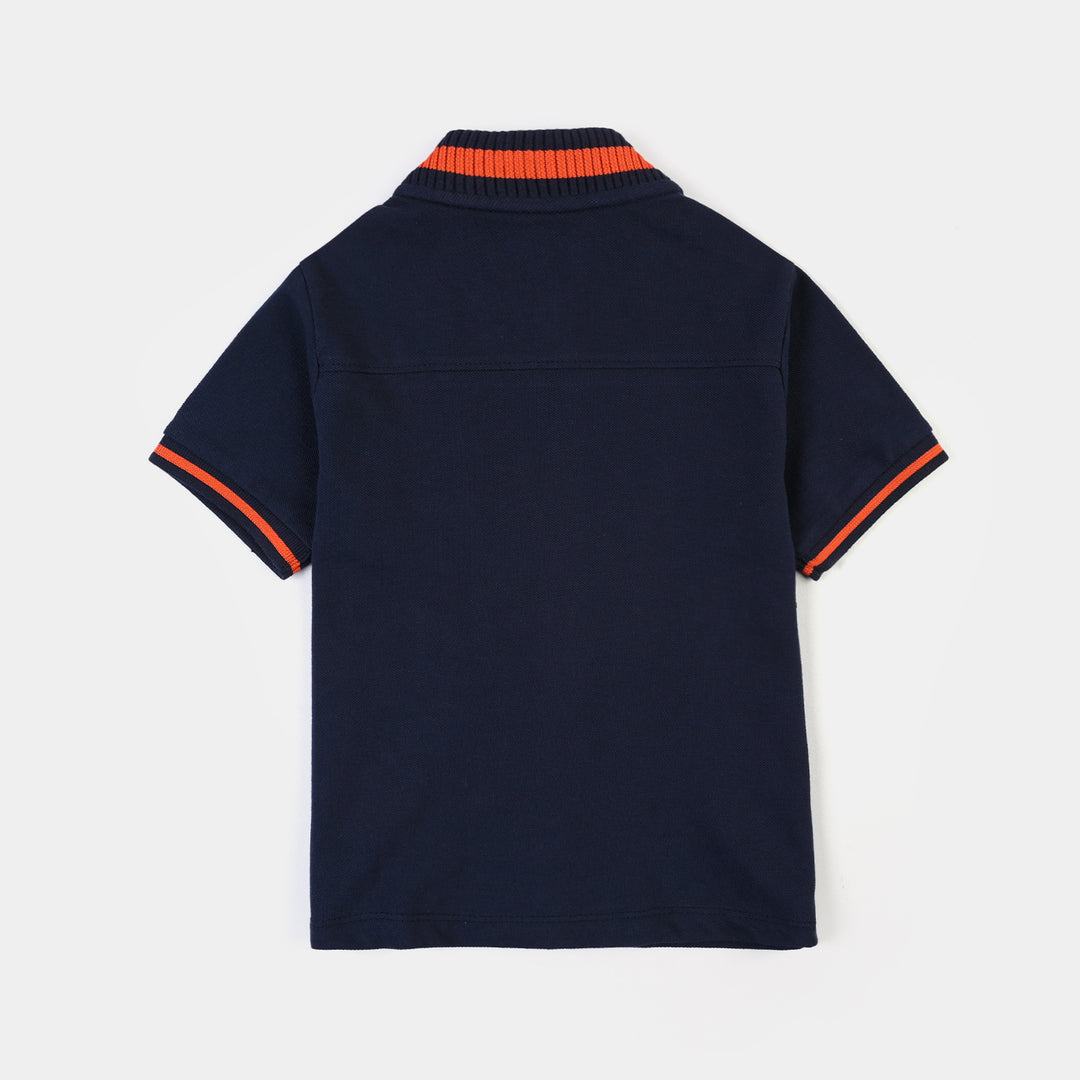 Boys Cotton PK Knitted Shirt Basketball- Navy