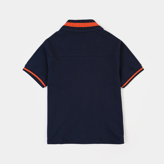Boys Cotton PK Knitted Shirt Basketball- Navy