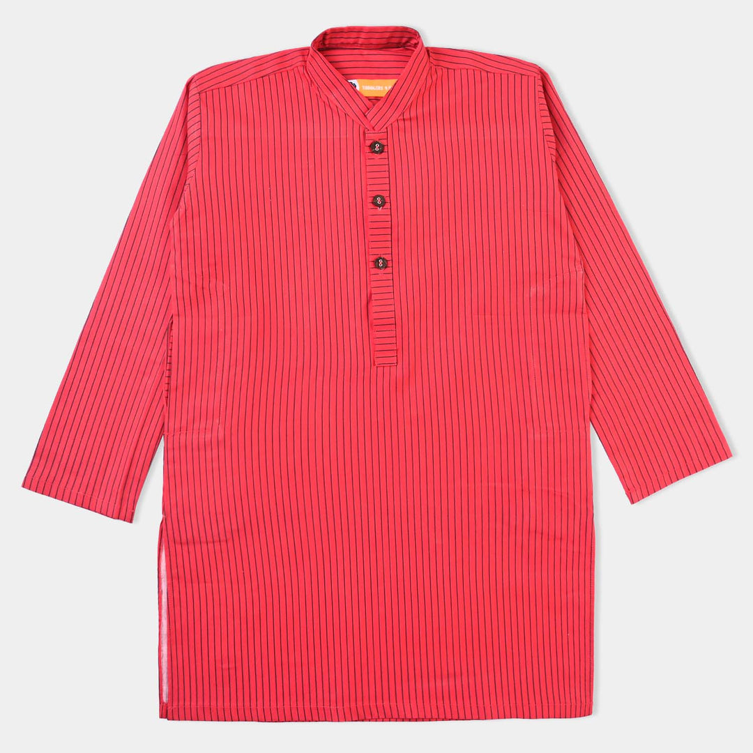 Boys Cotton Poplin Printed Kurta Stripe-Red