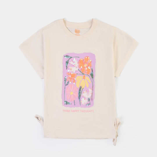 Girls 2x1 Rib T-Shirt Think Happy Thoughts - Off White