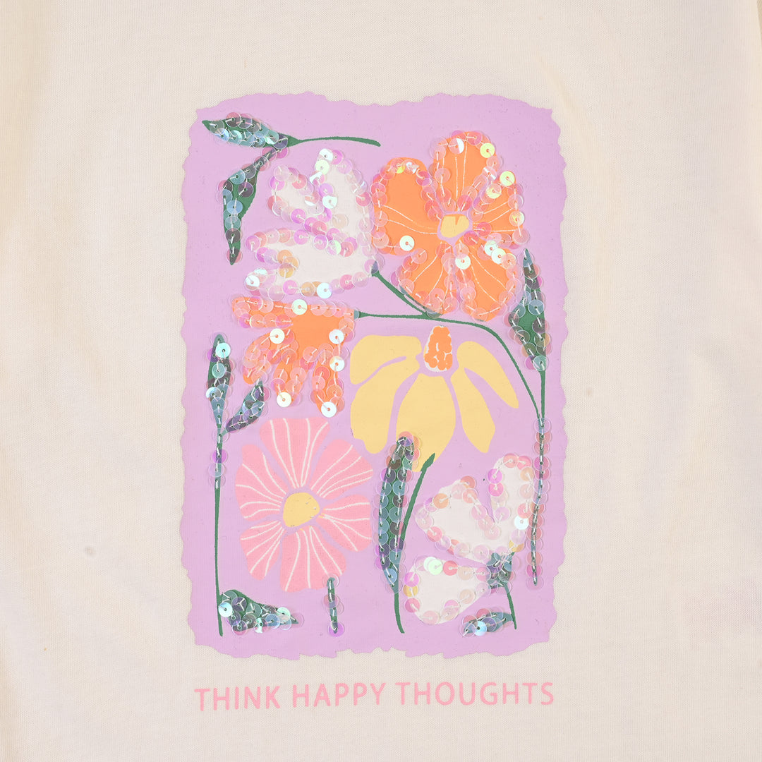 Girls 2x1 Rib T-Shirt Think Happy Thoughts - Off White