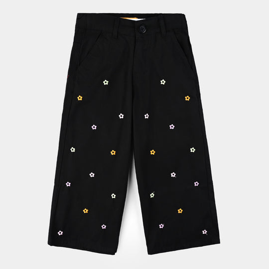 Girls Cotton Pant Flowers-BLACK