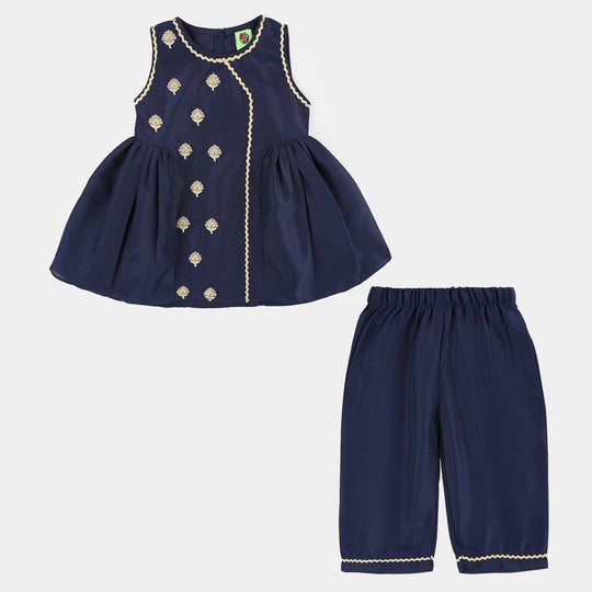 Infant Girls Embroidered Poly Cambric 2-Piece Suit (Chulbuli) - Navy