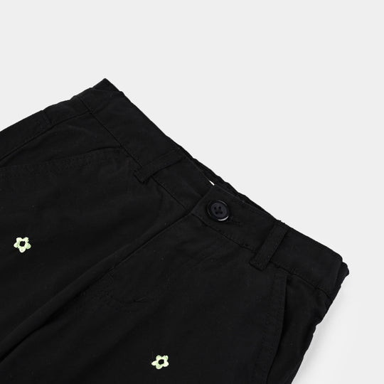 Girls Cotton Pant Flowers-BLACK