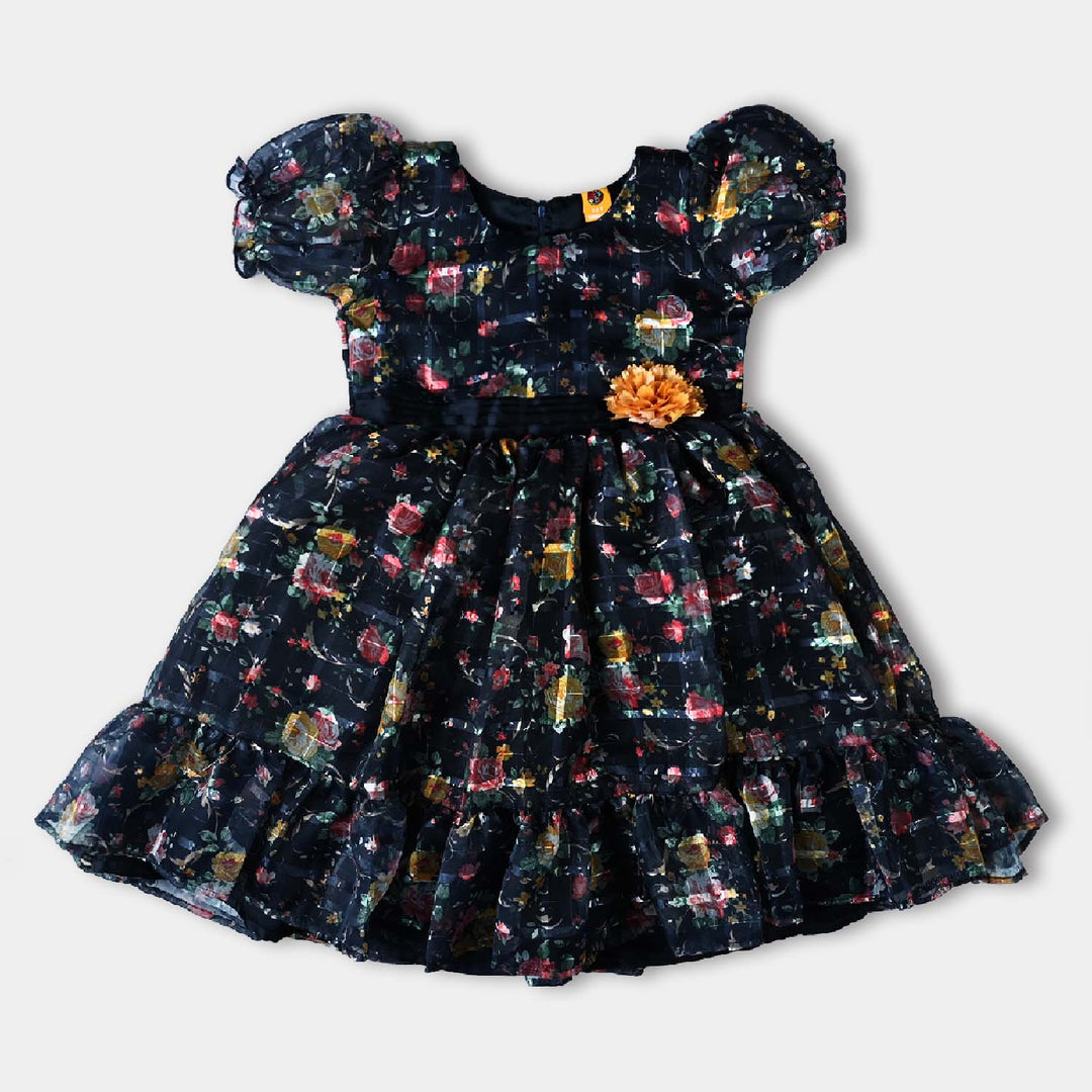 Girls Organza Fancy Frock Printed Flower-Blue