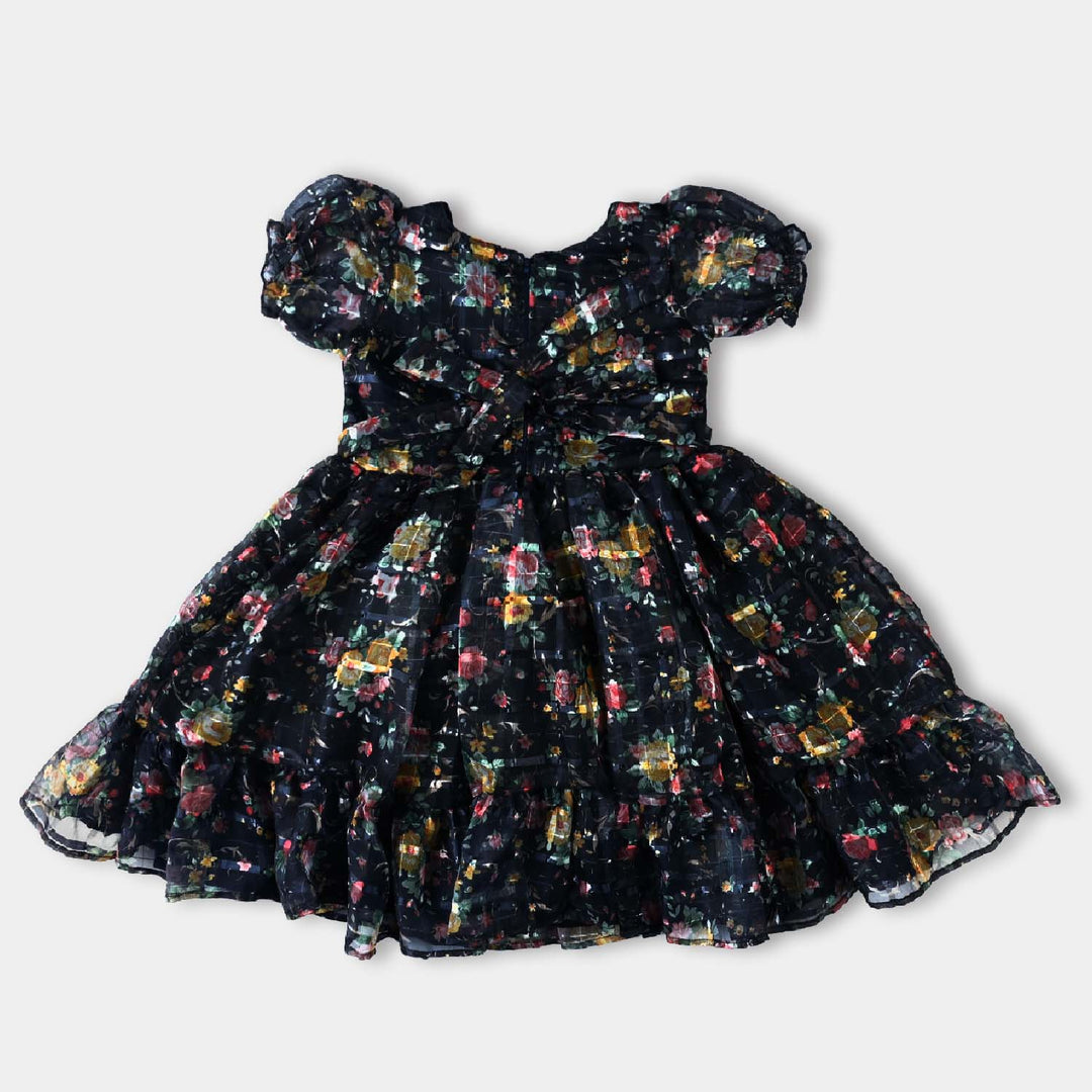 Girls Organza Fancy Frock Printed Flower-Blue