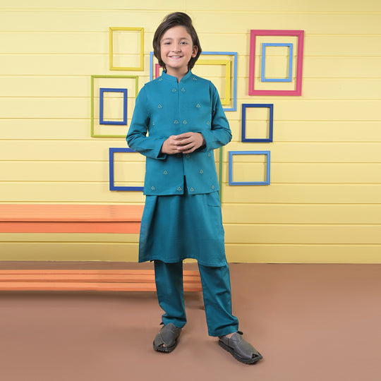 Boys Cotton Slub 3 Piece Suit -Teal