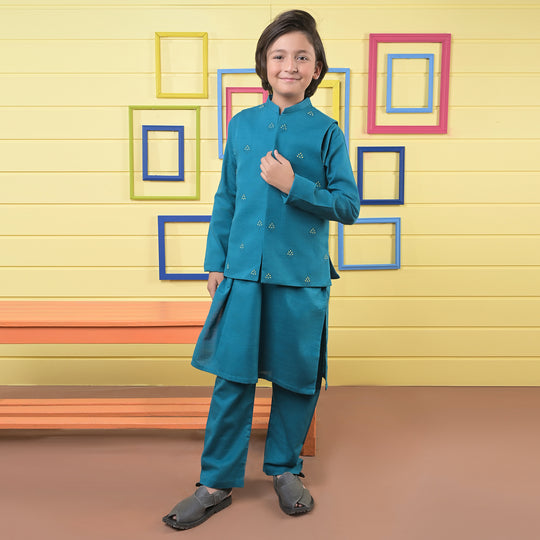 Boys Cotton Slub 3 Piece Suit -Teal