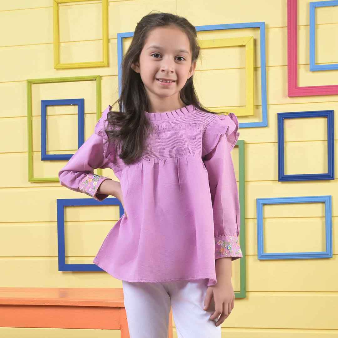 Girls Cotton EMB Top Let It Bloom-Purple