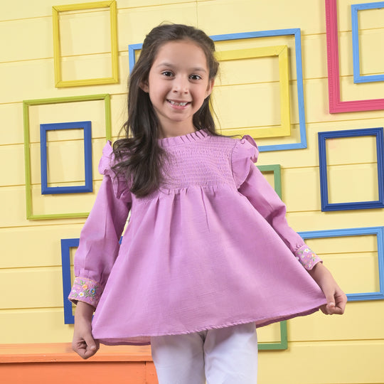 Girls Cotton EMB Top Let It Bloom-Purple