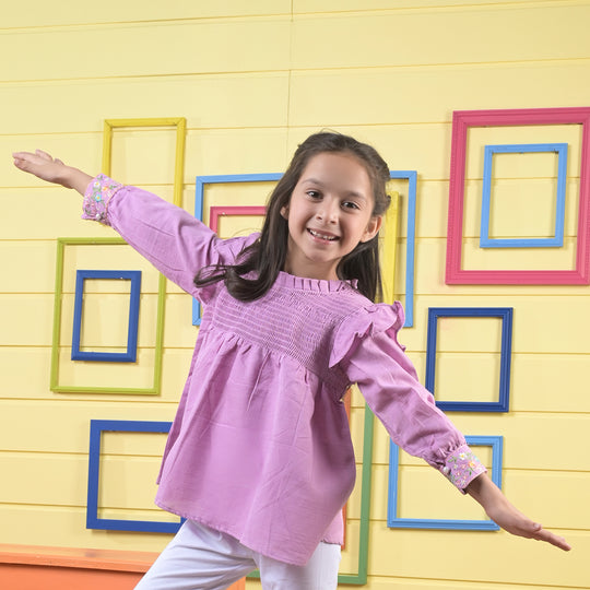 Girls Cotton EMB Top Let It Bloom-Purple