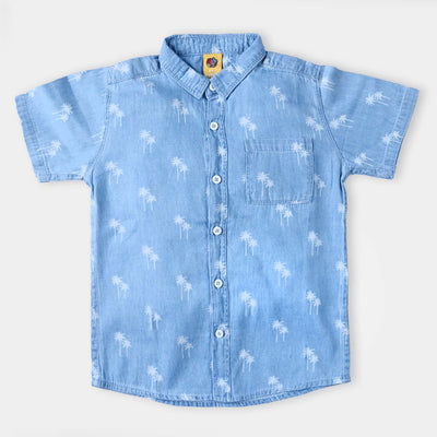 Boys Denim rigid Shirt H/S Palm Discharge-Lt Blue