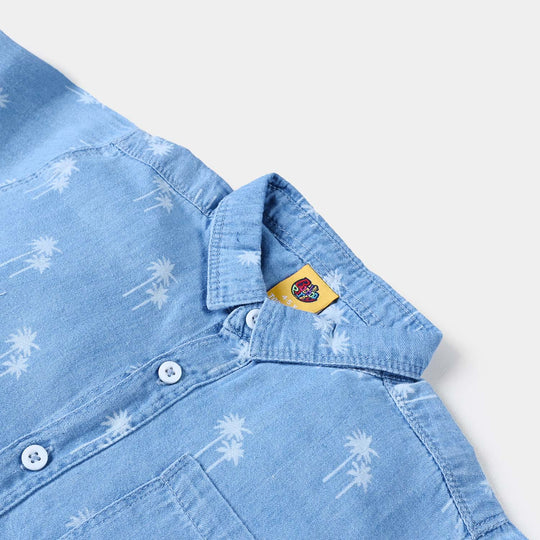 Boys Denim rigid Shirt H/S Palm Discharge-Lt Blue