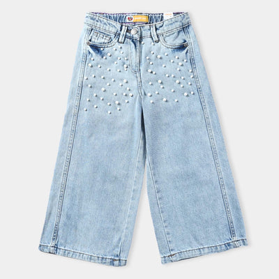 Girls Denim Pant Studs Belt-Ice Blue