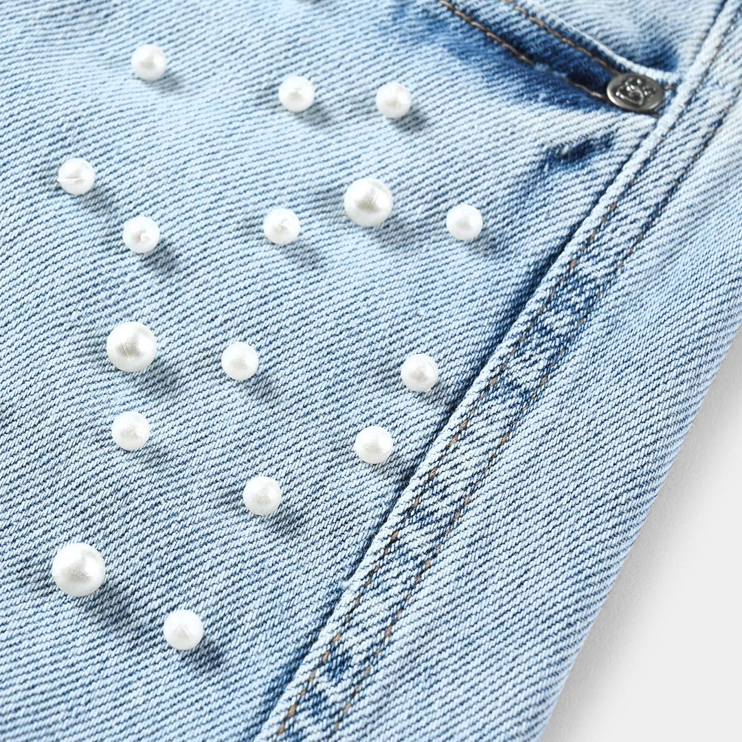 Girls Denim Pant Studs Belt-Ice Blue