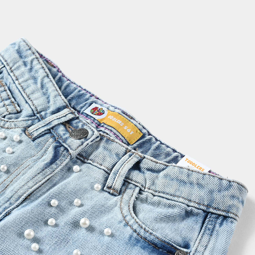 Girls Denim Pant Studs Belt-Ice Blue