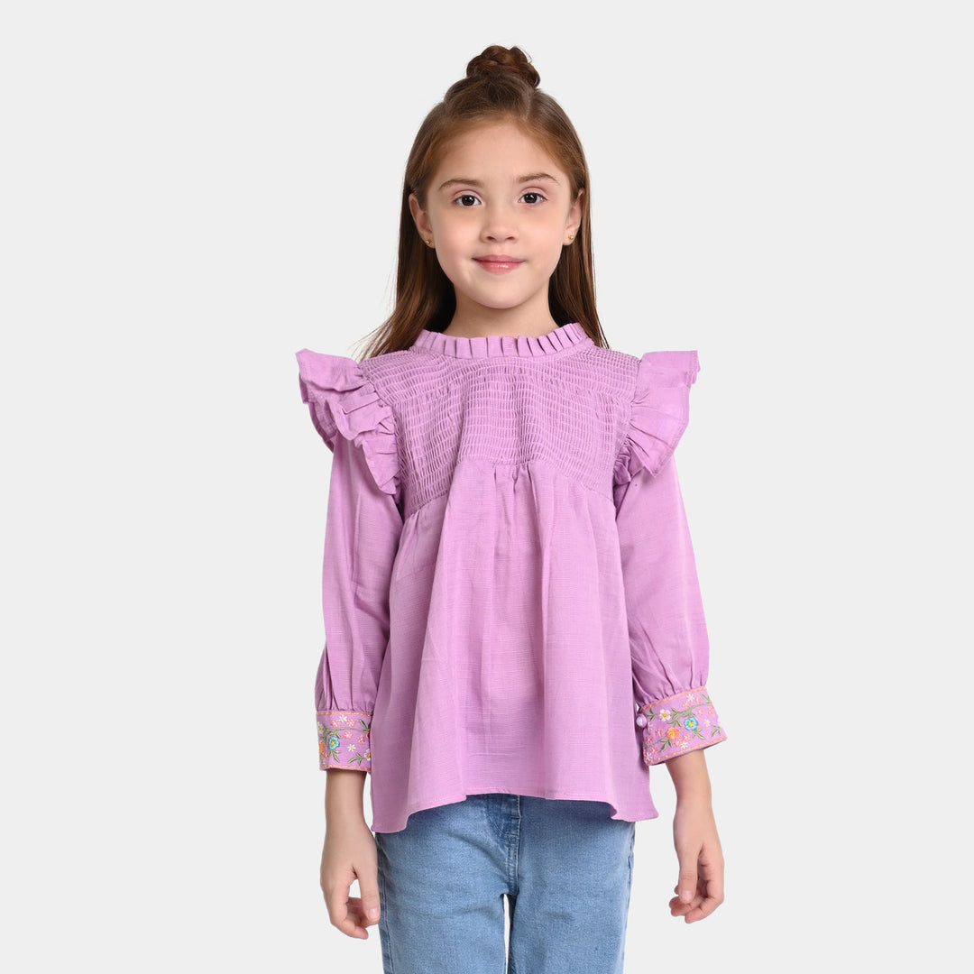 Girls Cotton EMB Top Let It Bloom-Purple