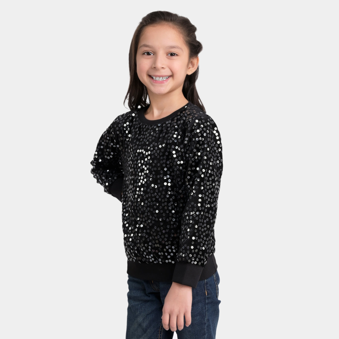 Girls Velvet Sweatshirt Sequins Flower-BLACK