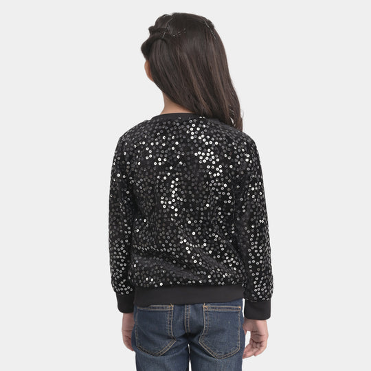 Girls Velvet Sweatshirt Sequins Flower-BLACK