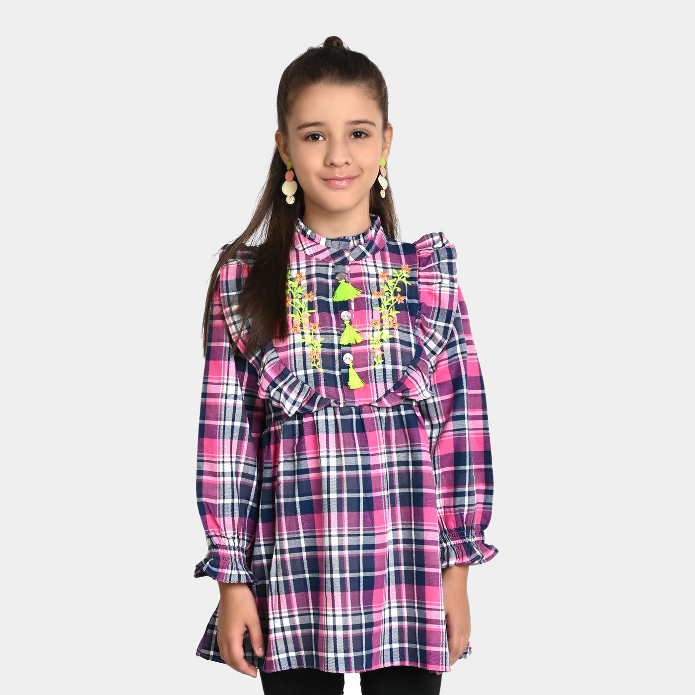 Girls Yarn Embroidered Top Shoq Case-Pink Check