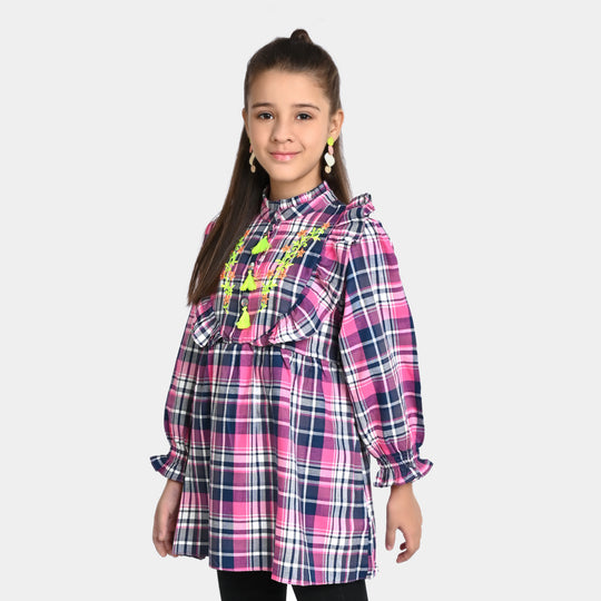 Girls Yarn Embroidered Top Shoq Case-Pink Check