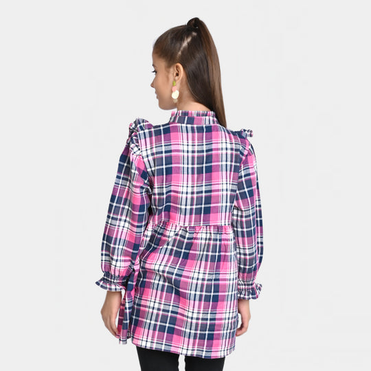 Girls Yarn Embroidered Top Shoq Case-Pink Check